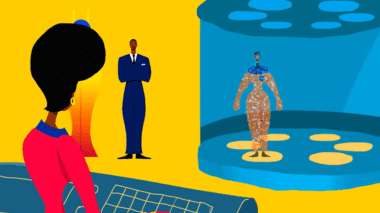 A stylized illustration. A woman is standing at a keyboard, while someone else stands in a large blue cyllinder.